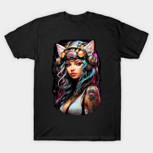 Cyberpunk futuristic girl with cat's ears anime comic T-Shirt